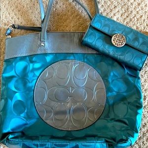 Coach Teal/Silver Tote and Wallet